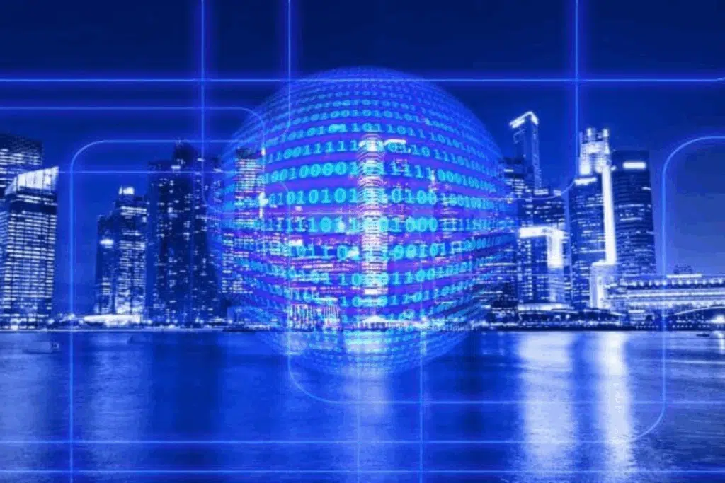 Representação visual da contabilidade online com globo digital e ícones tecnológicos, simbolizando a transformação digital e o futuro da contabilidade.