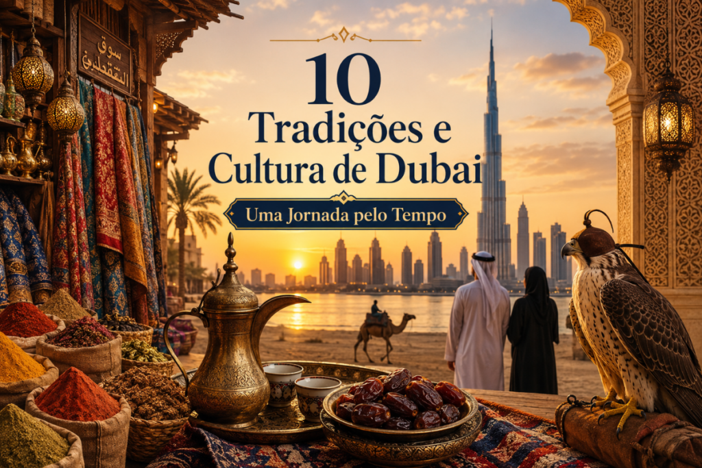 Tradições e cultura de Dubai com souk, especiarias, café árabe, tâmaras, falcão e skyline moderno ao pôr do sol.