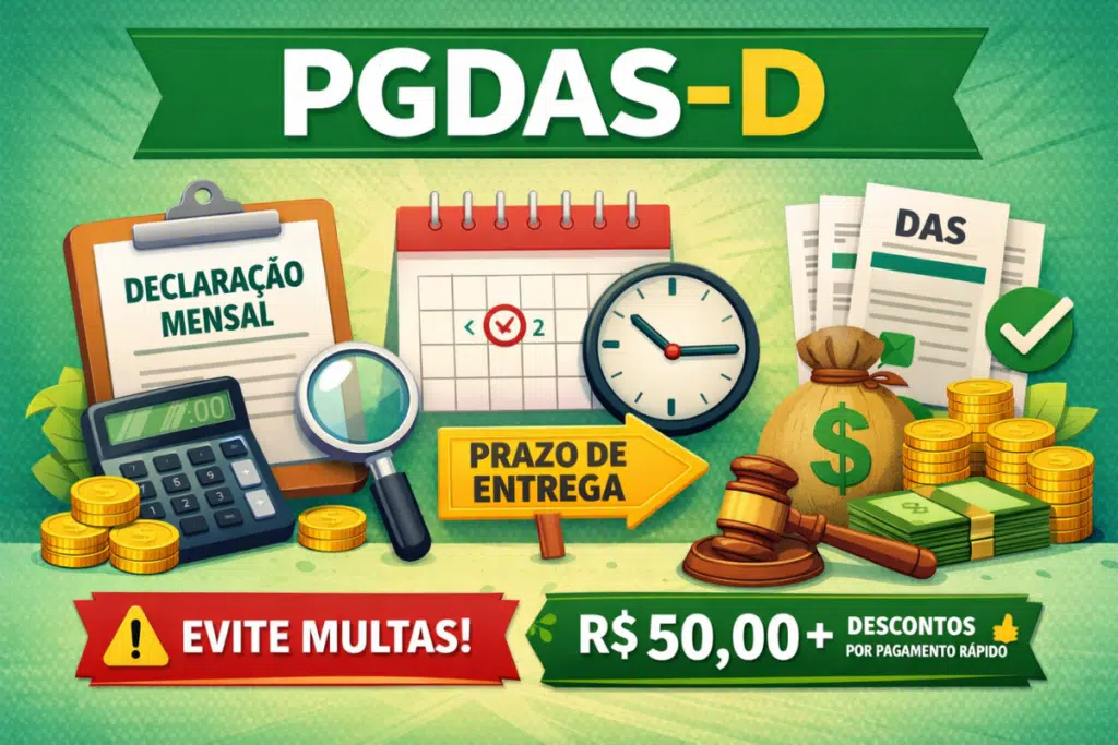 Infográfico explicativo sobre PGDAS-D 2026 do Simples Nacional, com declaração mensal, prazo de entrega, DAS, multas e descontos por pagamento em dia.
