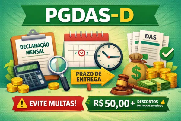 Infográfico explicativo sobre PGDAS-D 2026 do Simples Nacional, com declaração mensal, prazo de entrega, DAS, multas e descontos por pagamento em dia do artigo "PGDAS-D 2026 Passo a Passo para Declarar, Emitir DAS e Evitar Multas Após as Mudanças"