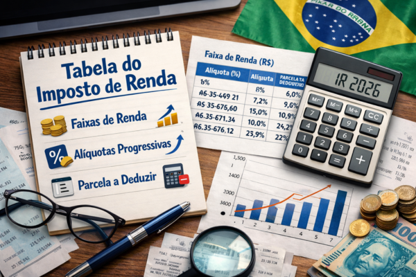 Tabela do Imposto de Renda 2026 atualizada, com faixas de renda, alíquotas progressivas, parcela a deduzir, calculadora e elementos financeiros do Brasil.