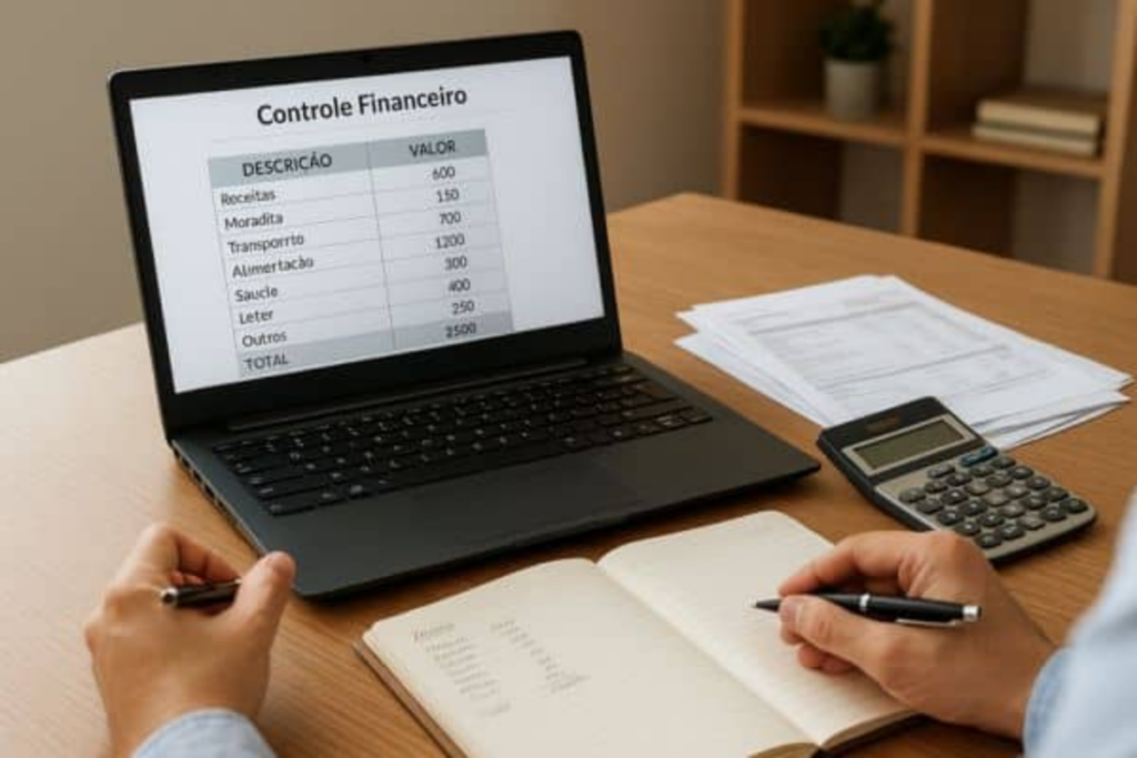 Pessoa no processo de organizar finanças pessoais no notebook com controle financeiro na tela