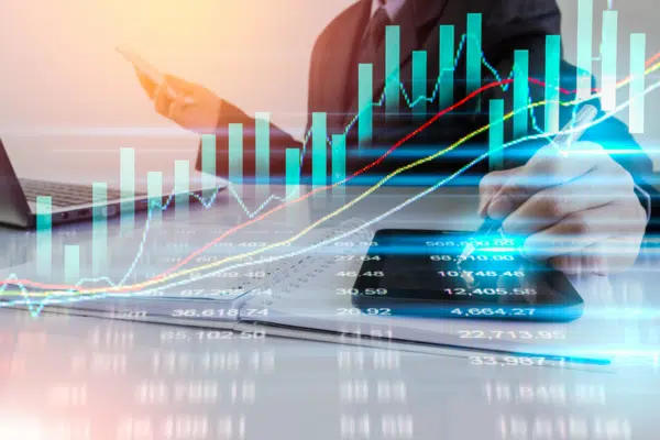Ilustração representando a contabilidade moderna, com gráficos digitais e elementos tecnológicos.