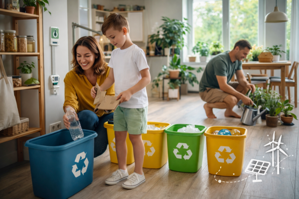 sustentabilidade no dia a dia com família praticando reciclagem em casa.