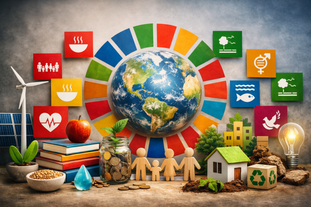 17 ods objetivos de desenvolvimento sustentável representados com sustentabilidade global.