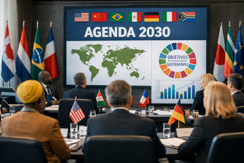 Representantes de diferentes países reunidos discutindo a Agenda 2030 e os Objetivos de Desenvolvimento Sustentável