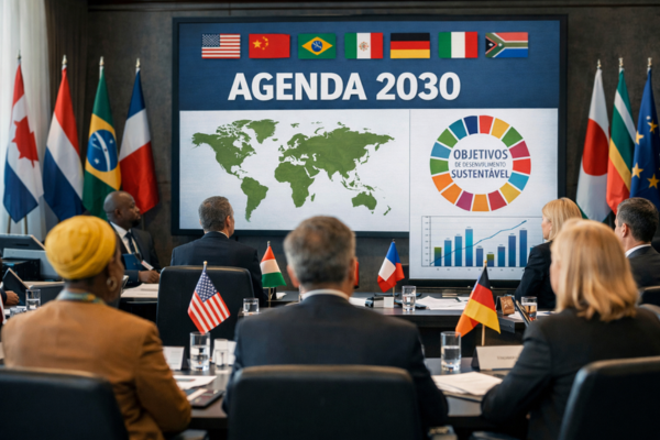 Representantes de diferentes países reunidos discutindo a Agenda 2030 e os Objetivos de Desenvolvimento Sustentável