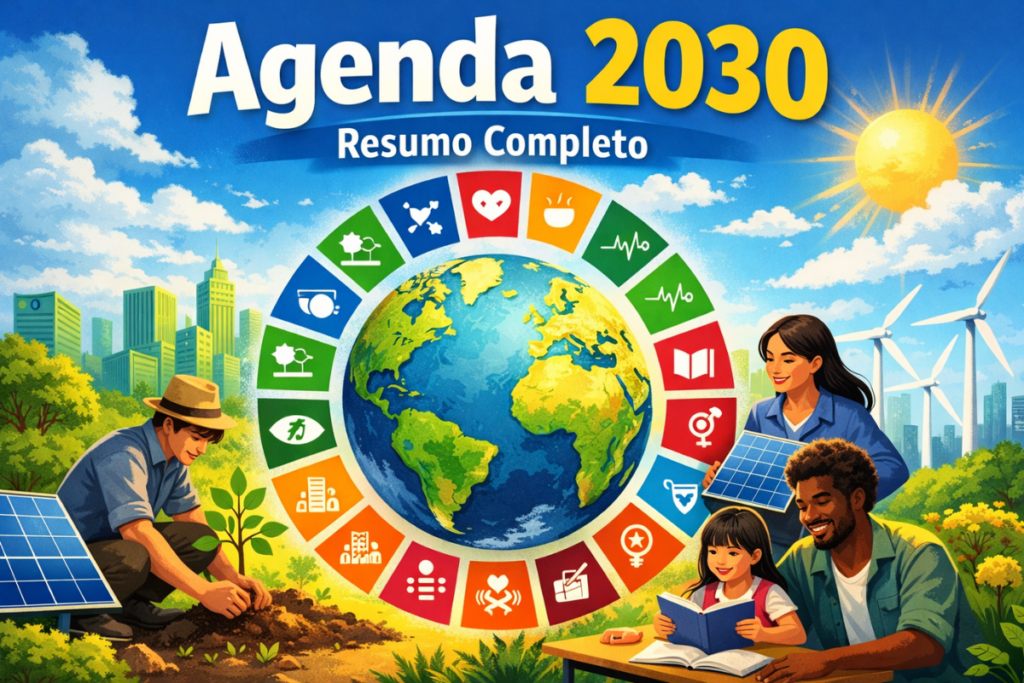 Agenda 2030 Resumo Completo dos 17 Objetivos de Desenvolvimento Sustentável (ODS) ao redor do planeta e ações de sustentabilidade.