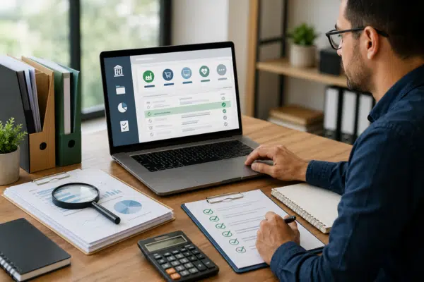 Empreendedor analisando documentos e atividade econômica da empresa para escolher o CNAE no Simples Nacional.