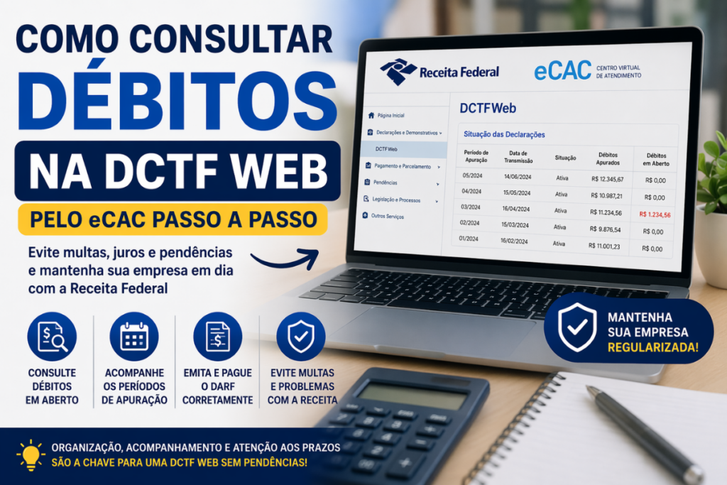 Imagem ilustrativa mostrando como consultar débitos na DCTF Web pelo eCAC e verificar pendências na Receita Federal