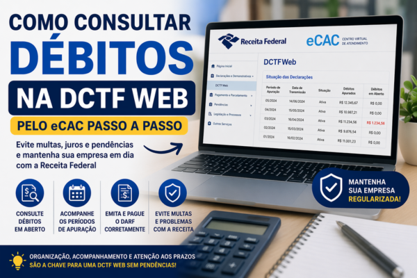 Imagem ilustrativa mostrando como consultar débitos na DCTF Web pelo eCAC e verificar pendências na Receita Federal
