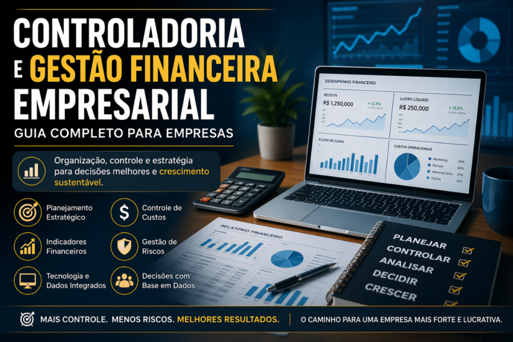Controladoria e gestão financeira empresarial com análise de gráficos, notebook e calculadora em ambiente corporativo