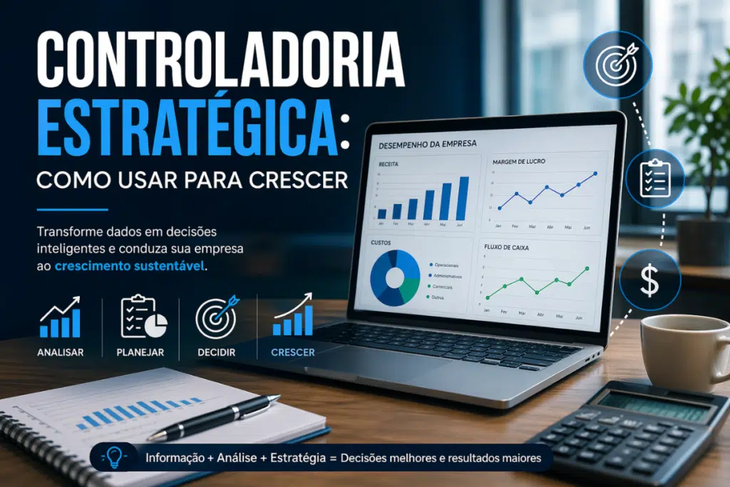 Controladoria estratégica com notebook exibindo gráficos financeiros, indicadores de desempenho e análise de dados para crescimento empresarial
