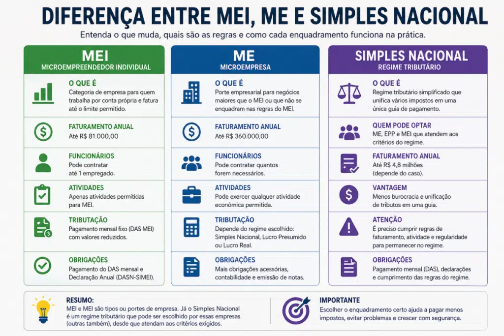 Infográfico comparando diferença entre MEI, ME e Simples Nacional, destacando diferenças entre microempreendedor individual, microempresa e regime tributário simplificado.