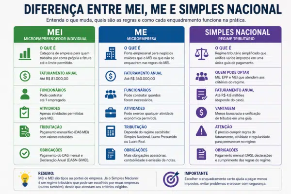 Infográfico comparando diferença entre MEI, ME e Simples Nacional, destacando diferenças entre microempreendedor individual, microempresa e regime tributário simplificado.
