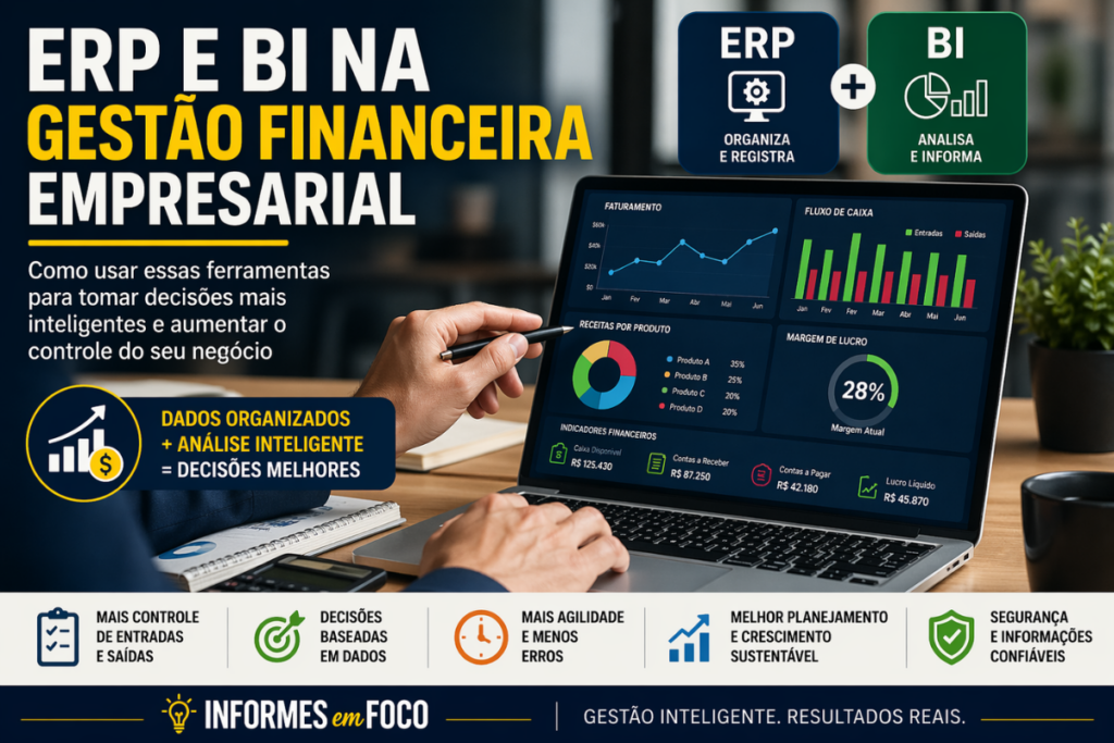ERP e BI na gestão financeira empresarial com dashboard financeiro mostrando gráficos de faturamento, fluxo de caixa e indicadores