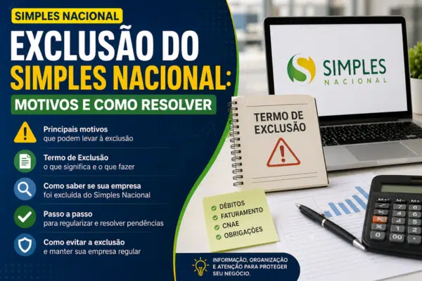 Imagem ilustrativa sobre exclusão do Simples Nacional, com documentos fiscais, notebook, calculadora e alerta de termo de exclusão.