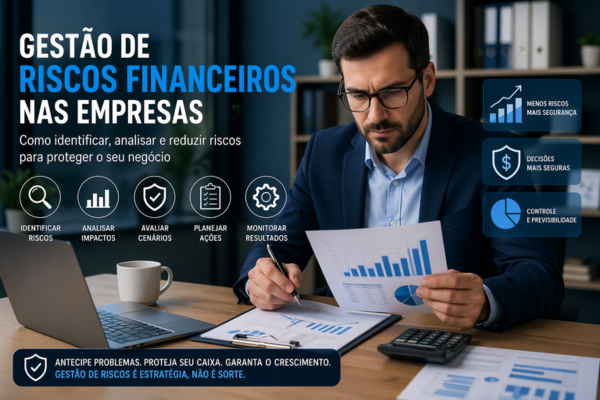 Gestão de riscos financeiros nas empresas com profissional analisando relatórios, gráficos e indicadores para reduzir riscos e proteger o negócio