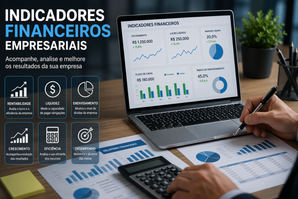 Indicadores financeiros empresariais com análise de desempenho, gráficos e métricas de gestão