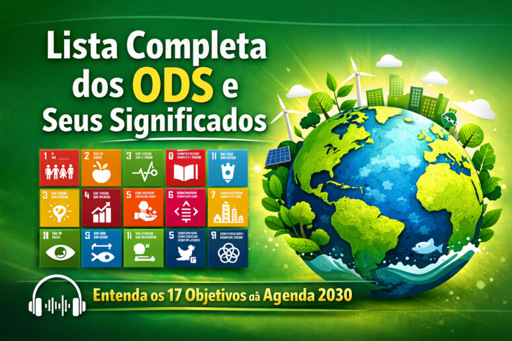 Lista completa dos ODS e seus significados com os 17 objetivos de desenvolvimento sustentável ilustrados.