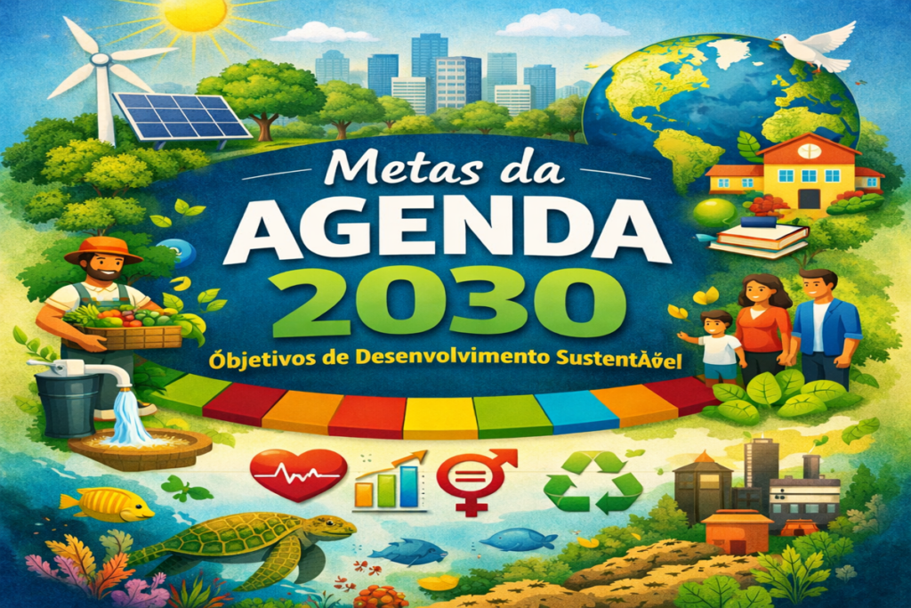 Metas da Agenda 2030 explicadas com os Objetivos de Desenvolvimento Sustentável e ações de sustentabilidade.