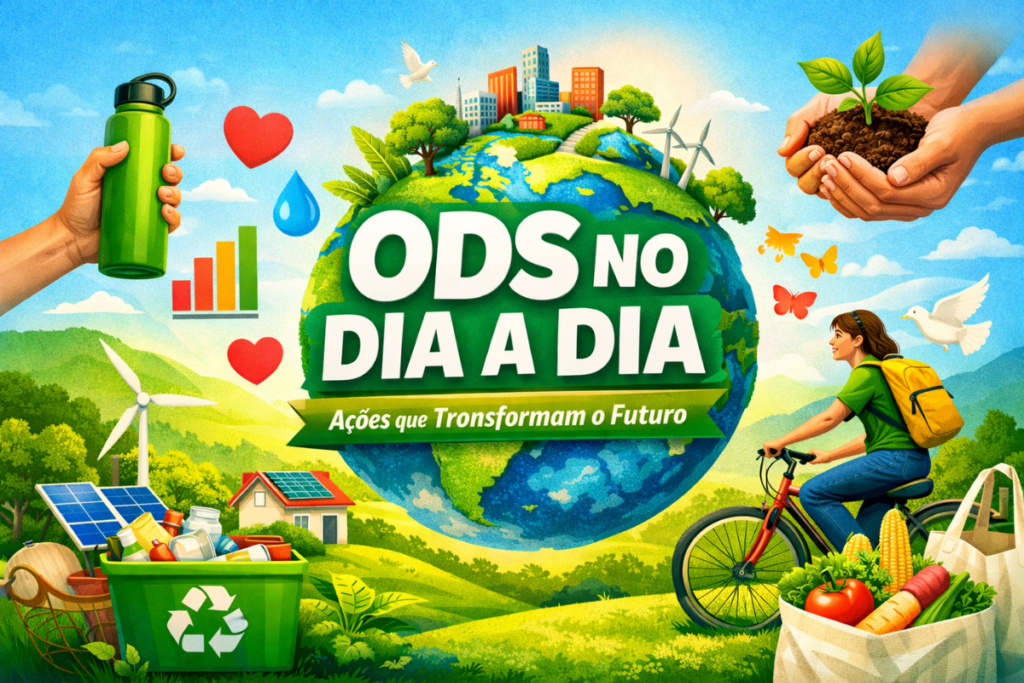ODS no dia a dia com exemplos práticos de sustentabilidade como reciclagem, energia limpa, consumo consciente e ações sustentáveis