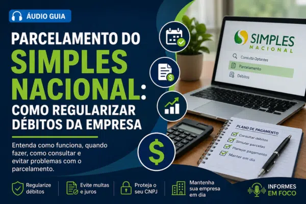 Imagem ilustrativa sobre parcelamento do Simples Nacional, com notebook, calculadora, plano de pagamento e elementos visuais de regularização de débitos empresariais.
