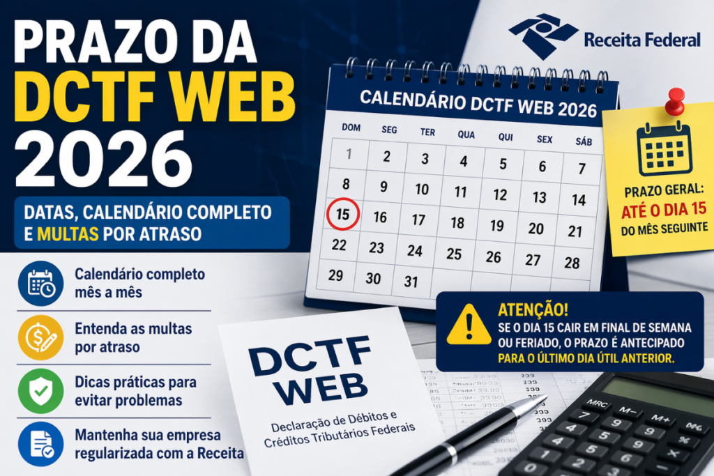 Imagem ilustrativa sobre o prazo da DCTF Web 2026 com calendário, datas de entrega e alerta sobre multas por atraso