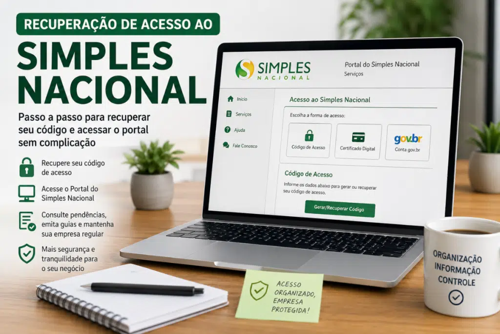 Imagem ilustrativa sobre recuperação de acesso ao Simples Nacional, com notebook exibindo opções de código de acesso, certificado digital e conta gov.br.