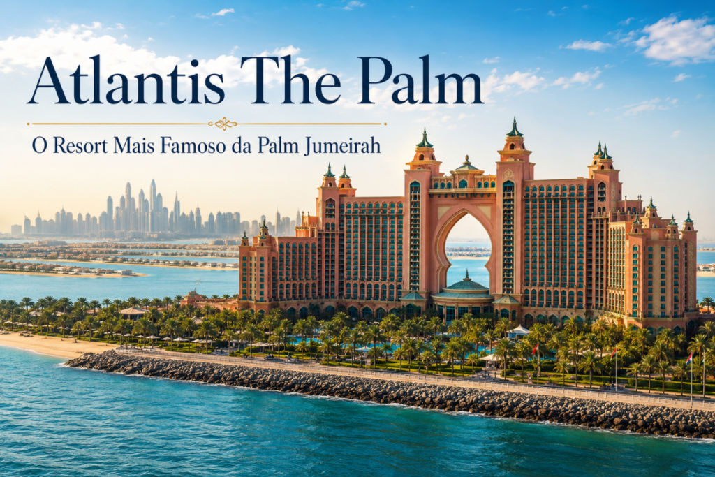 Atlantis The Palm em Dubai, resort de luxo na Palm Jumeirah com arquitetura imponente, mar azul e skyline moderno ao fundo.