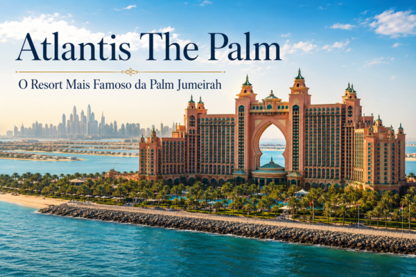 Atlantis The Palm em Dubai, resort de luxo na Palm Jumeirah com arquitetura imponente, mar azul e skyline moderno ao fundo.