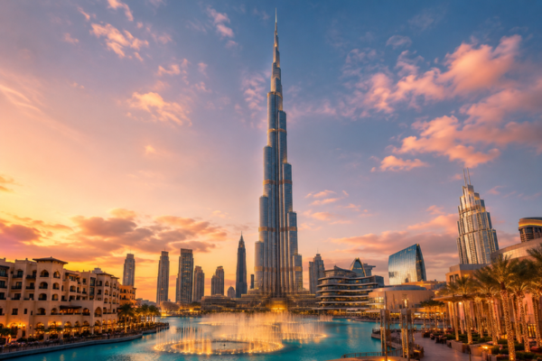 Burj Khalifa em Dubai ao pôr do sol, com a Fonte de Dubai em primeiro plano e o skyline moderno ao redor.