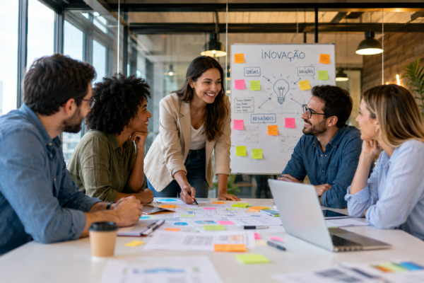 Equipe reunida em escritório moderno criando ideias para desenvolver uma cultura de inovação nas empresas.