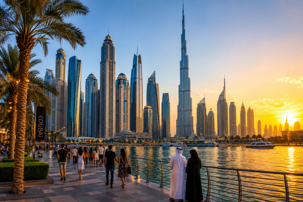 Pessoas caminhando em Dubai ao pôr do sol, com skyline moderno, Burj Khalifa, marina, palmeiras e estilo de vida urbano mostrando o modo de como é viver em Dubai.