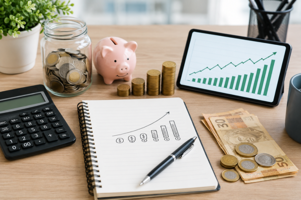 Mesa com itens representando como investir com pouco dinheiro contendo calculadora, caderno, cofrinho, moedas, notas de dinheiro e gráfico de crescimento, representando investimentos com pouco dinheiro.