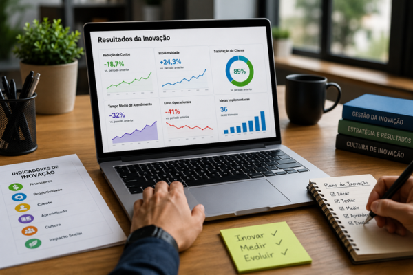 Notebook com gráficos e indicadores mostrando como medir resultados de inovação em um ambiente de trabalho moderno.