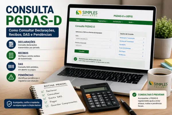 Imagem ilustrativa sobre consulta PGDAS-D, com notebook exibindo o Simples Nacional, opções de declarações, recibos, DAS e pendências fiscais.