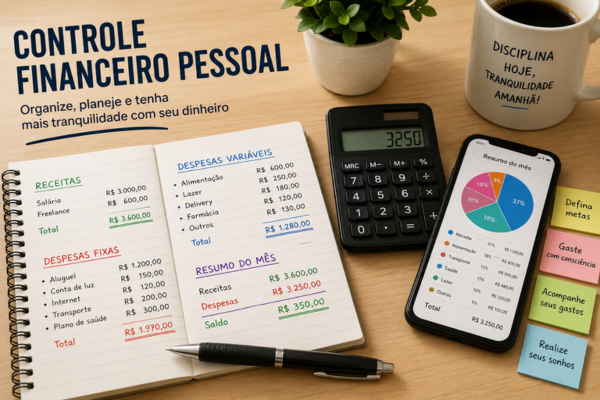 Mesa organizada com uma espécie de caderno de controle financeiro pessoal, calculadora, celular com gráfico de gastos, anotações e metas para organizar o dinheiro.