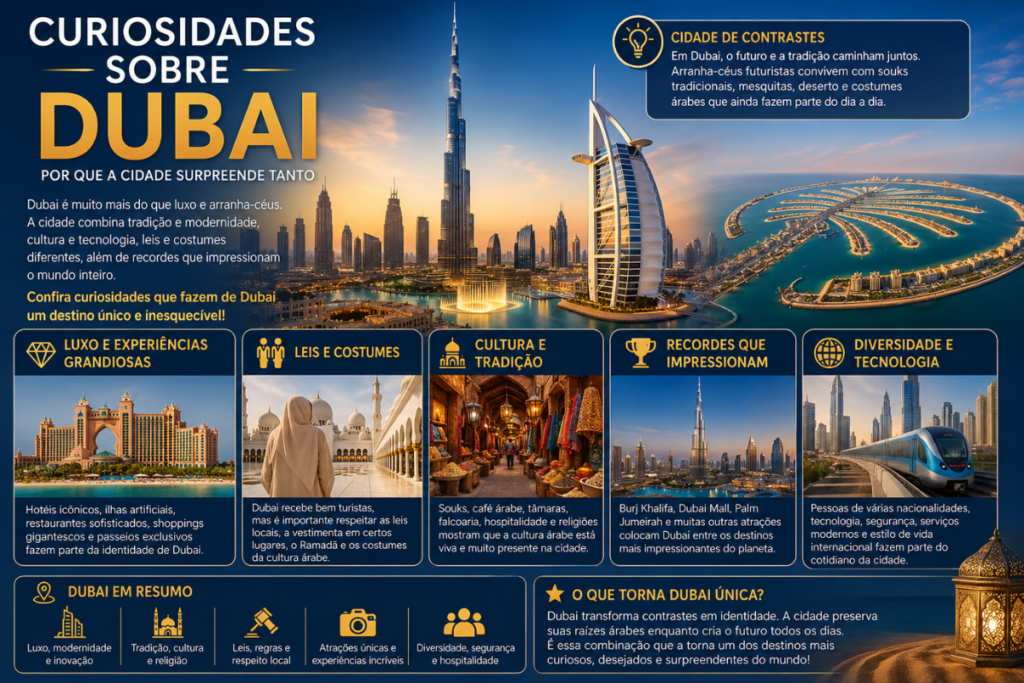 Curiosidades sobre Dubai com Burj Khalifa, Burj Al Arab, Palm Jumeirah, souks, cultura árabe, luxo, leis e recordes da cidade.