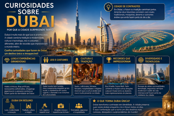 Curiosidades sobre Dubai com Burj Khalifa, Burj Al Arab, Palm Jumeirah, souks, cultura árabe, luxo, leis e recordes da cidade.