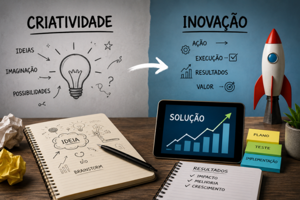 Imagem comparando a diferença entre criatividade e inovação com ideias, imaginação, execução, resultados e valor em uma mesa de trabalho.