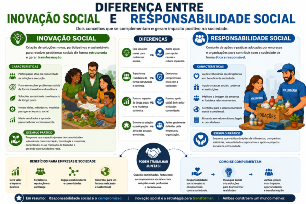 Infográfico comparando inovação social e responsabilidade social, mostrando diferenças entre inovação social e responsabilidade social além das características, exemplos e benefícios para empresas e comunidades.