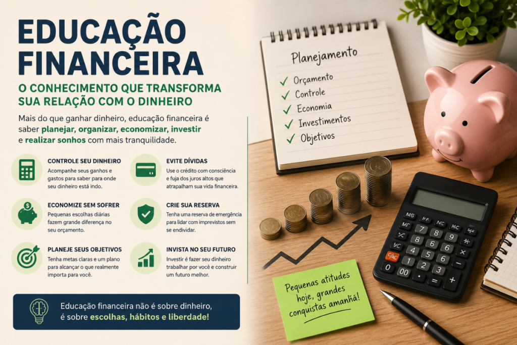 Imagem sobre educação financeira com caderno de planejamento, cofrinho, moedas, calculadora, gráfico de crescimento e dicas para organizar o dinheiro.