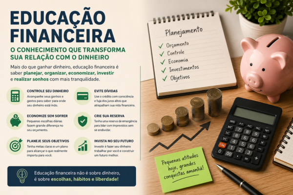 Imagem sobre educação financeira com caderno de planejamento, cofrinho, moedas, calculadora, gráfico de crescimento e dicas para organizar o dinheiro.