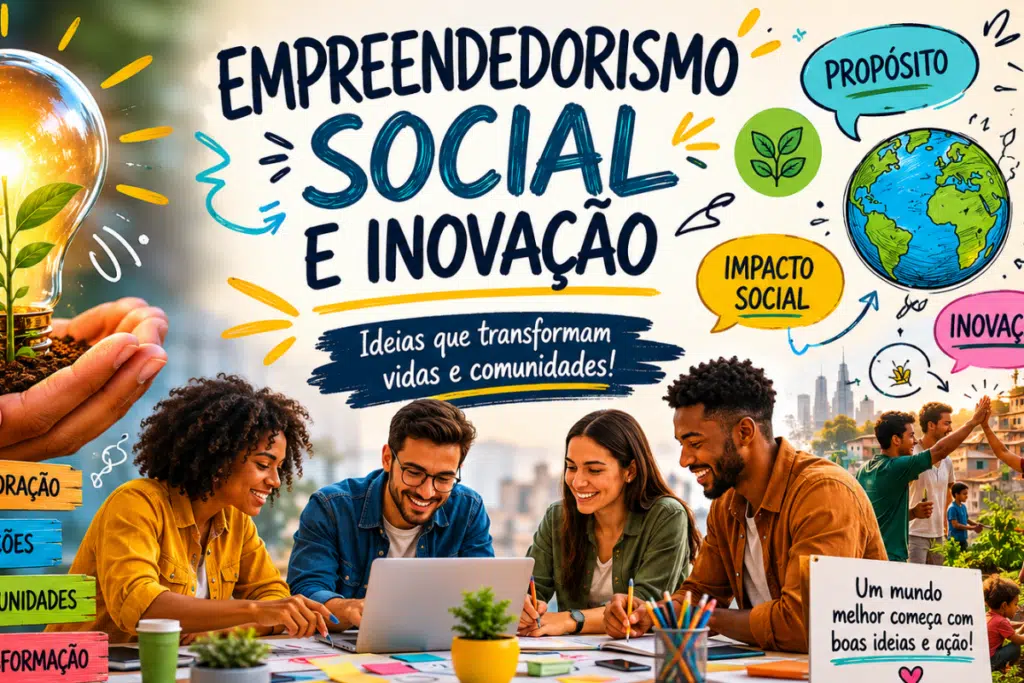 Imagem sobre empreendedorismo social e inovação com pessoas colaborando em soluções sustentáveis, impacto social e desenvolvimento comunitário.