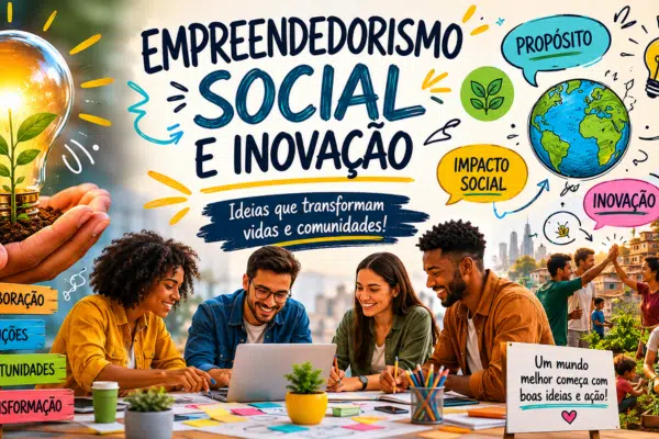 Imagem sobre empreendedorismo social e inovação com pessoas colaborando em soluções sustentáveis, impacto social e desenvolvimento comunitário.