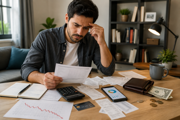 Pessoa preocupada analisando contas, recibos, cartão de crédito, calculadora e gráfico de queda e prováveis erros financeira em uma mesa.