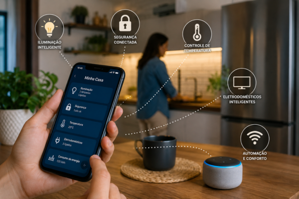 Pessoa usando aplicativo de casa inteligente no celular com recursos de iluminação, segurança, temperatura e automação conectados um exemplos de inovação no dia a dia.