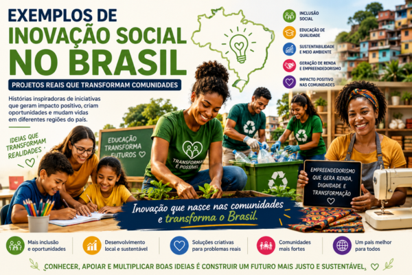 Exemplos de inovação social no Brasil com projetos comunitários de educação, inclusão digital, sustentabilidade e geração de renda.