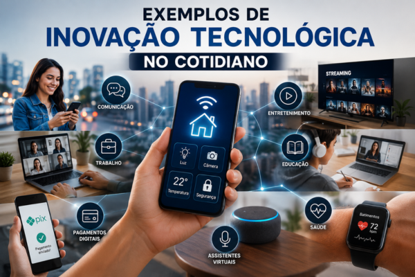 Exemplos de inovação tecnológica no cotidiano com inteligência artificial, pagamentos digitais, trabalho remoto e casas inteligentes
